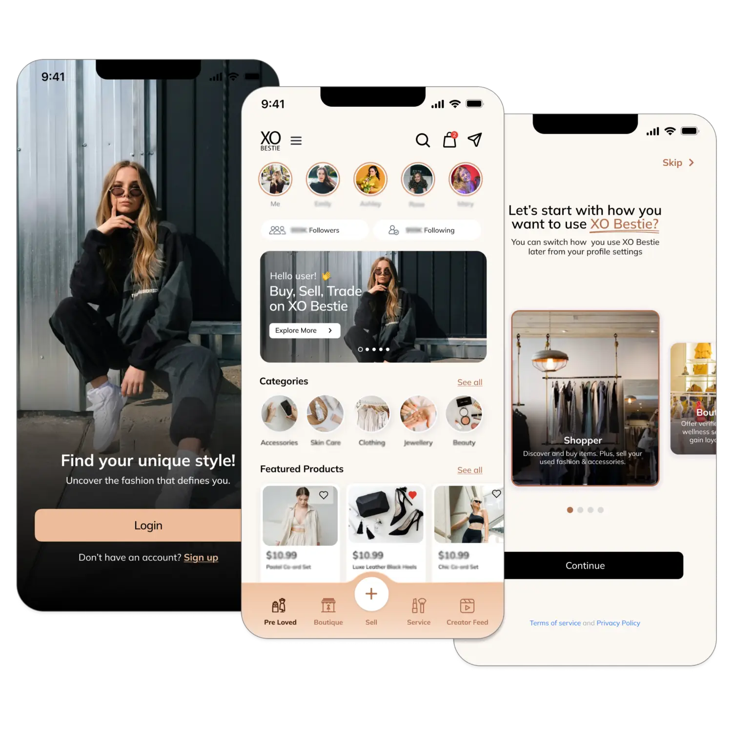 XO Bestie mobile app for shopping, selling, and connecting.